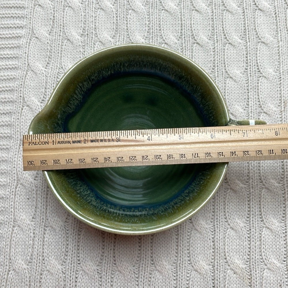 Pottery bowl with spout/handle & saucer. Blues and greens glazed Makers mark - Picture 5 of 10